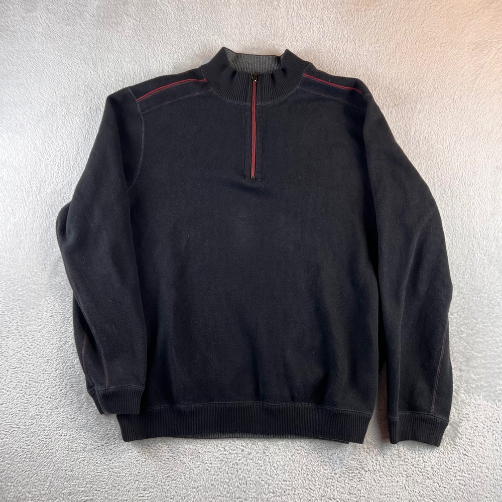 Tommy Bahama Mens Quarter Zip Pullover Sweater Black Red Contrast Stitching 1837
